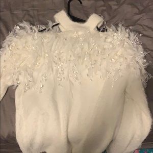 White eyelash sweater with collar cut out